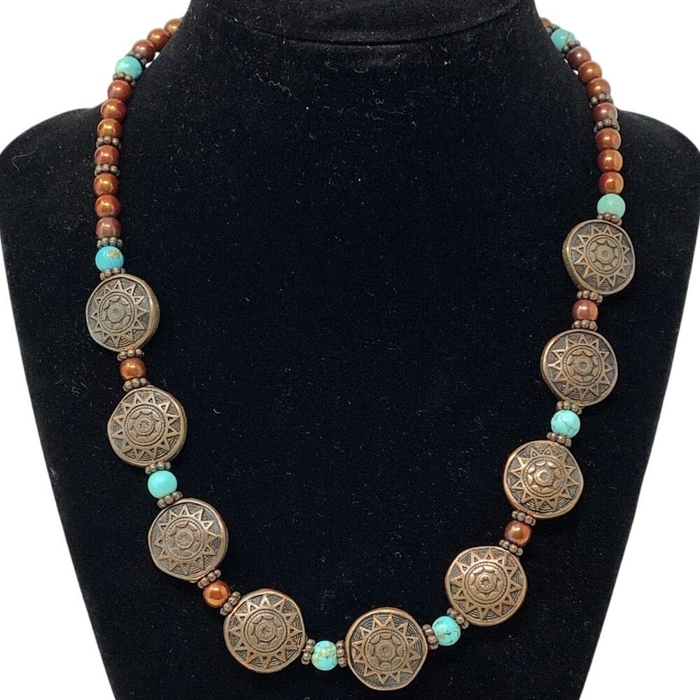 Handmade Artisan Beaded Medallion Necklace Brown Copper Tone Faux Turquoise